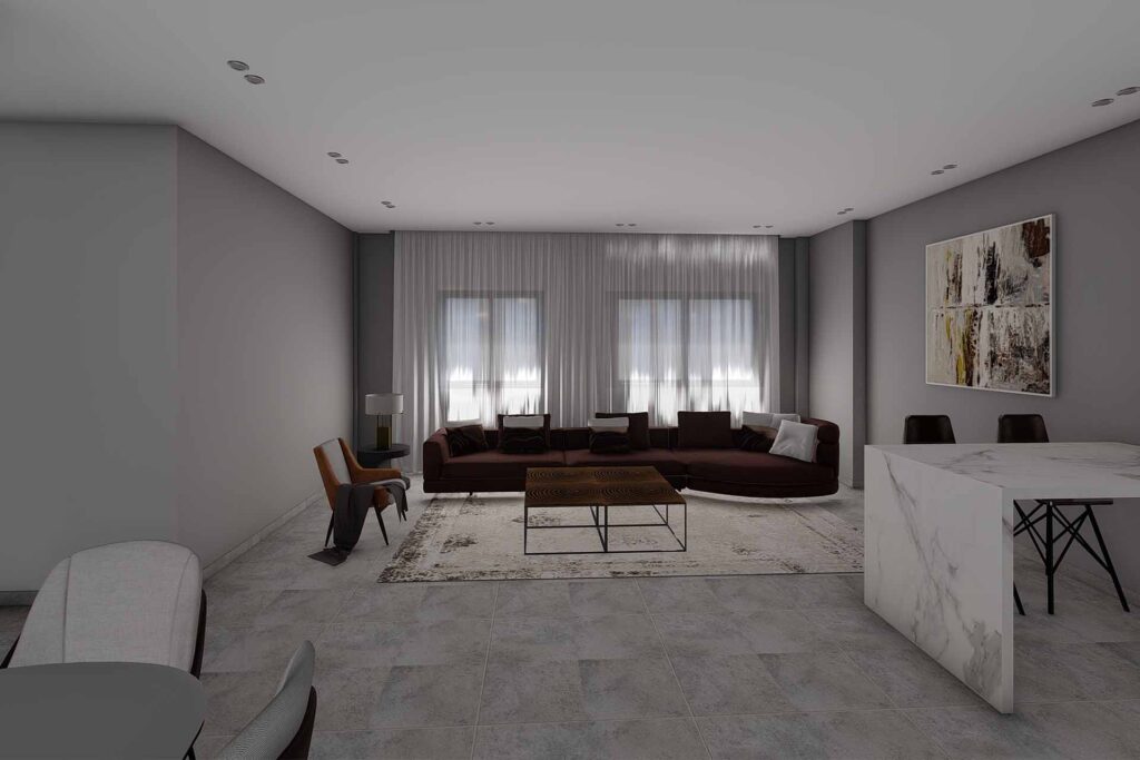 Modèle 3D d’un séjour lumineux et moderne dans un appartement LOSH Immobilier à Oran, avec vue sur mer.