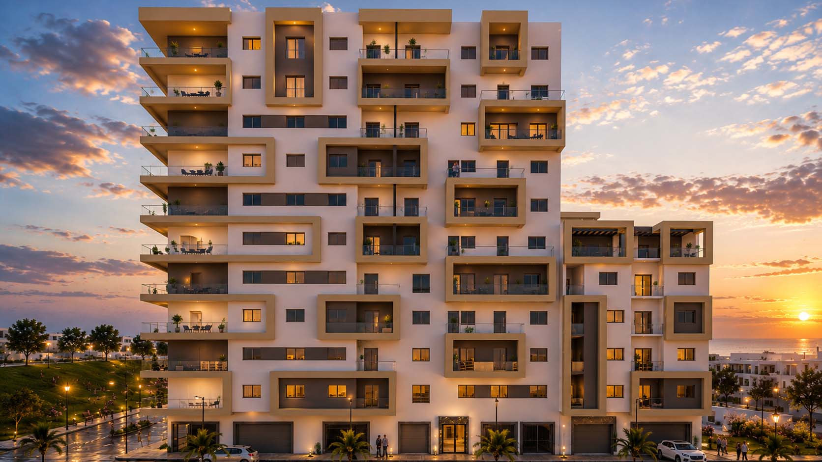 Résidence haut standing à Oran réalisée par SARL Building avec architecture moderne, appartements spacieux et aménagements paysagers.