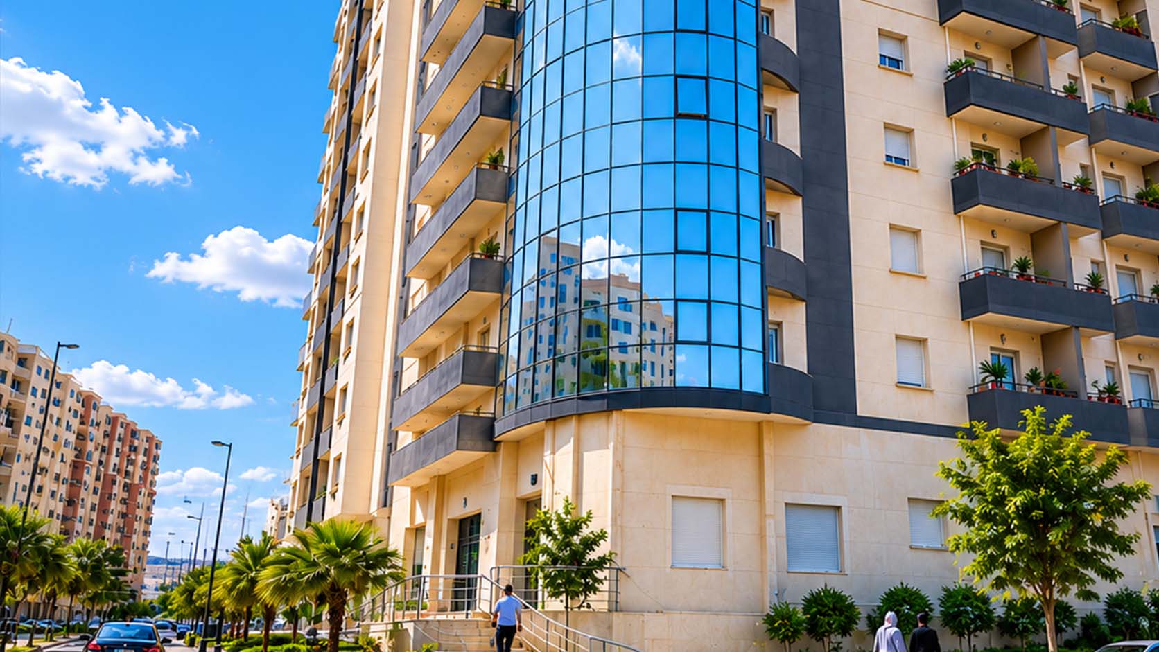 Résidence haut standing à Oran réalisée par SARL Building avec architecture moderne, appartements spacieux et aménagements paysagers.
